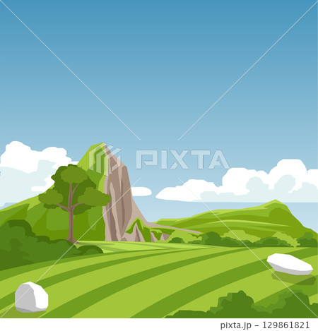 Banner or Poster square shape of Agricultu. Hills are undulating and crisscrossed with grassy terraces. Trees are prominent. high mountain with cliffs under blue sky and white clouds. Banner or Poster square shape of Agricultu. Hills are undulating and crisscrossed with grassy terraces. Trees are prominent. high mountain with cliffs under blue sky and white clouds. 129861821