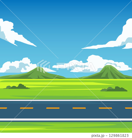 Square vector poster of asphalt road to travel. Horizontal view of  asphalt road ahead with yellow center line. Meadow and green grass with mountain under blue sky and white clouds for background. 129861823