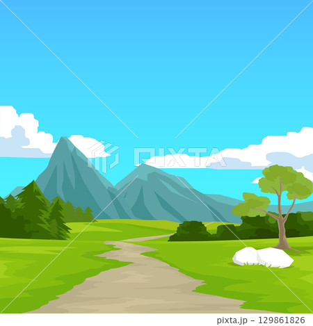 Road Trip Vector Poster square shape. Winding dirt road. Through bright green landscape with hills trees. Empty space background of blue sky with white clouds. 129861826