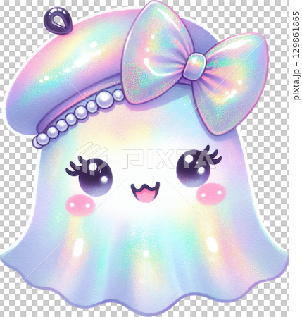 Whimsical and ethereal iridescent ghost spirit character with a colorful bow 129861865
