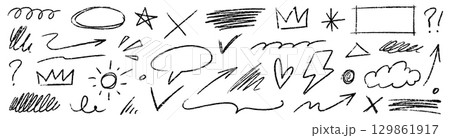 Line hand drawn arrow set. Chalk line abstract arrow with hand drawn crown, heart, cloud and underline brushstroke element in grunge sketch texture. Crayon scribble brush stroke vector 129861917