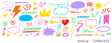 Hand drawn line chalk set. Crayon line arrow, speech bubble, pencil highlight and textured brush icon with cartoon heart, hand drawn marker element. Chalkboard frame sketch. Vector 129861918