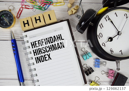 HHI Herfindahl Hirschman Index acronym on notepad, Business and Financial concept HHI Herfindahl Hirschman Index acronym on notepad, Business and Financial concept 129862137