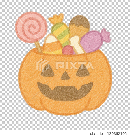 【ハロウィン】お菓子の入ったおばけかぼちゃのバスケット 129862193