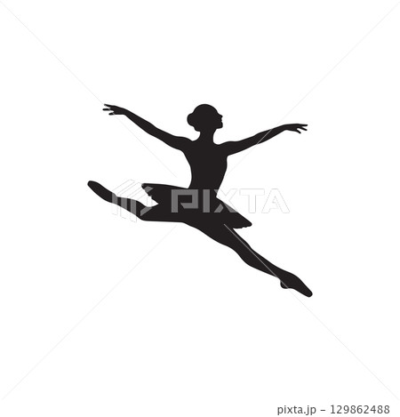silhouette of a female ballet dancer in midair graceful leap isolated on white background silhouette of a female ballet dancer in midair graceful leap isolated on white background 129862488