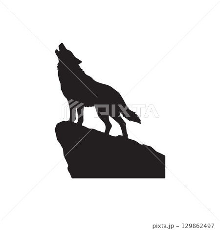 silhouette of a howling wolf standing on cliff edge isolated on white background 129862497