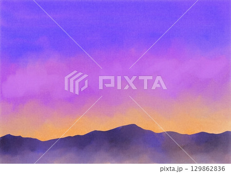 水彩絵の具で描いた夕方の風景イラスト。マジックアワー。 水彩絵の具で描いた夕方の風景イラスト。マジックアワー。 129862836