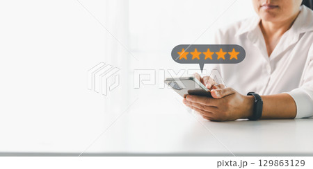 Customer or client with stars to complete five stars. Product or service review ideas from customer, reviews from customer and service of store to express satisfaction, increase credibility of store. 129863129