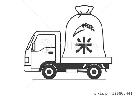 米をトラックで運ぶ白黒の線画のシンプルなイラスト 129863441