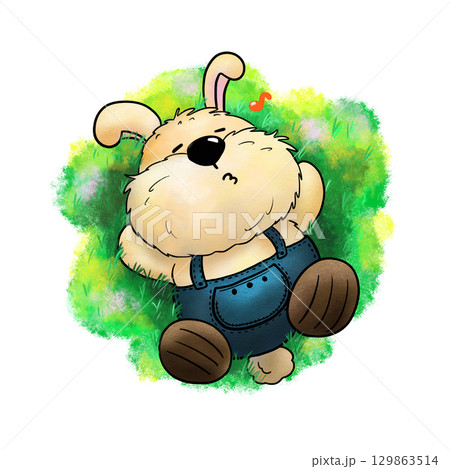 Cartoon rabbit wearing overalls is humming on grassland color illustration Cartoon rabbit wearing overalls is humming on grassland color illustration 129863514