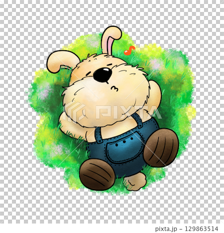 Cartoon rabbit wearing overalls is humming on grassland color illustration 129863514