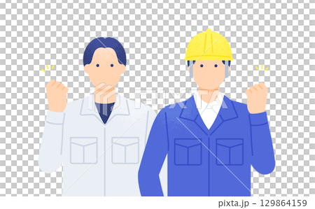 Civil engineering and construction site work. Construction workers with positive expressions. Illustration material of two men wearing work clothes. Civil engineering and construction site work. Construction workers with positive expressions. Illustration material of two men wearing work clothes. 129864159