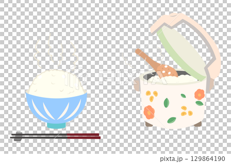 お茶碗によそったご飯と炊飯器で炊いたご飯のイラストセット お茶碗によそったご飯と炊飯器で炊いたご飯のイラストセット 129864190