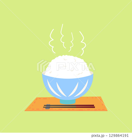 お茶碗によそった炊きたての熱々ご飯のイラスト お茶碗によそった炊きたての熱々ご飯のイラスト 129864191