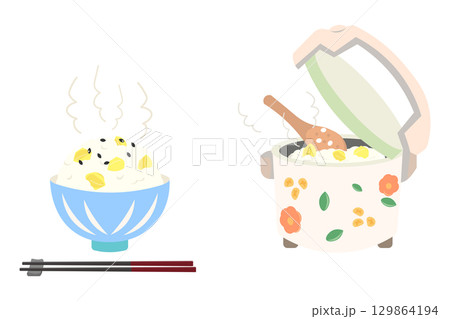 お茶碗によそった栗ご飯と炊飯器で炊いた栗ご飯のイラストセット 129864194