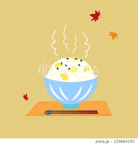 紅葉と栗ご飯のイラスト 129864195