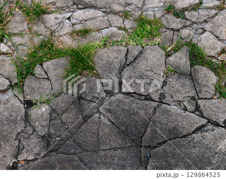 Cracked Concrete Floor with Chunky Fractures Texture Background. 129864525