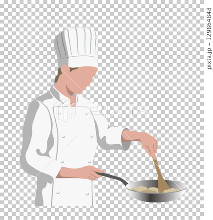 廚師拿著煎鍋的平面向量插圖 129864848