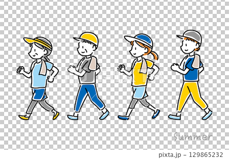 夏にウォーキングをする男女のベクターイラスト 129865232