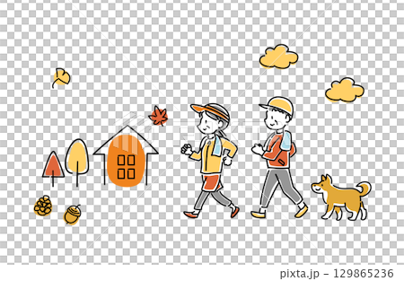 一對老年夫婦和他們的狗在秋天散步的向量插圖 129865236