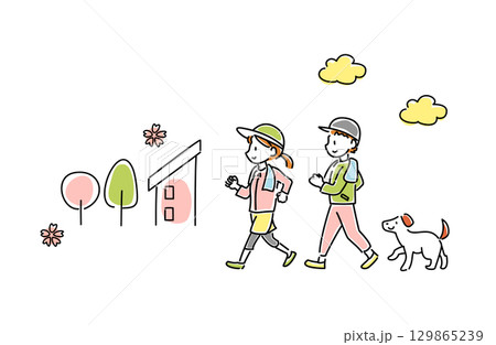 春にウォーキングをする男女と犬のベクターイラスト 春にウォーキングをする男女と犬のベクターイラスト 129865239