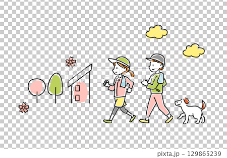 春にウォーキングをする男女と犬のベクターイラスト 春にウォーキングをする男女と犬のベクターイラスト 129865239