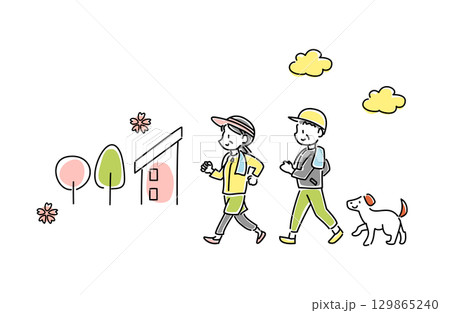 春にウォーキングをする老夫婦と犬のベクターイラスト 129865240