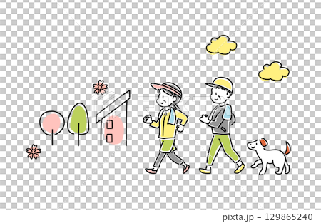 春にウォーキングをする老夫婦と犬のベクターイラスト 129865240