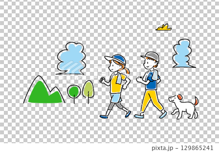 夏季散步的男人、女人和狗的向量插圖 129865241