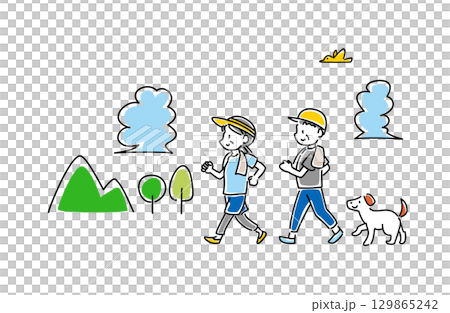 夏にウォーキングをする老夫婦と犬のベクターイラスト 129865242