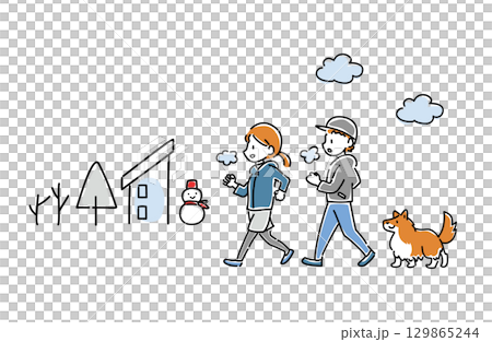 冬季散步的男人、女人和狗的向量插圖 129865244