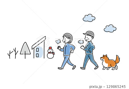 冬にウォーキングをする老夫婦と犬のベクターイラスト 129865245