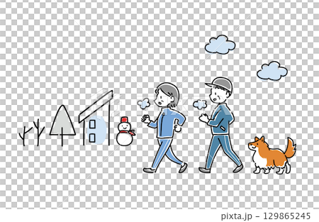 冬にウォーキングをする老夫婦と犬のベクターイラスト 129865245