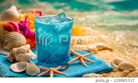 Blue Lagoon cocktail with bright blue color in clear glass filled with ice cubes, placed on turquoise beach towel surrounded by starfish and seashells near ocean waves in vibrant tropical scene 129865317