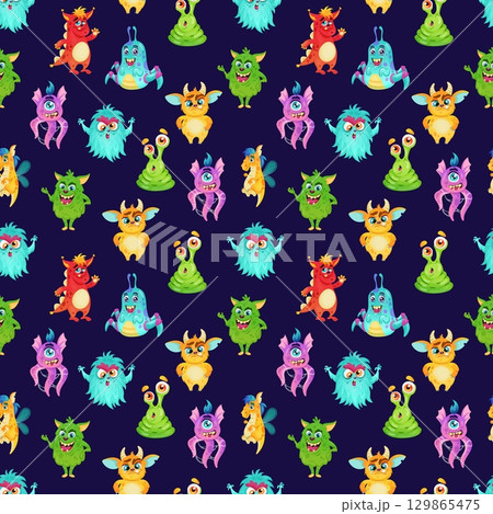 Monster alien seamless pattern. Cute creepy characters, childish demons, different colorful cartoon flat creations. Decor textile, wrapping paper, wallpaper. Print for fabric tidy vector background Monster alien seamless pattern. Cute creepy characters, childish demons, different colorful cartoon flat creations. Decor textile, wrapping paper, wallpaper. Print for fabric tidy vector background 129865475