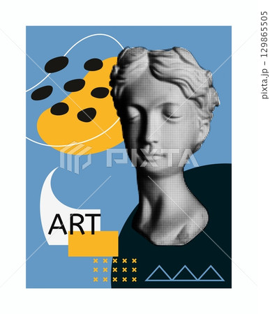 Art poster abstract. Ancient sculpture. Doodle geometric shapes. Antique bust. Greek woman head. Contemporary collage. Halftone print statue. Curve simple forms. Vector creative minimalistic banner 129865505