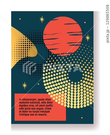Abstract poster. Geometric red circle. Yellow dots pattern. Contemporary art brochure. Graphic round shape. Creative graphic background Modern color flyer. Book cover. Vector banner design template 129865508