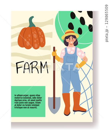 Art abstract poster. Gardener with shovel. Pumpkin harvest. Happy farmer. Happy woman working in farm. Garden plant cultivation. Agriculture worker. Doodle shapes collage. Vector gardening card design 129865509
