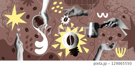 Collage coffee. Hand holding espresso cup. Halftone element. Dot design texture. Retro cafe. Restaurant pattern. Newspaper arms. Arabica beans. Trendy collage for bar. Vector tidy vintage composition Collage coffee. Hand holding espresso cup. Halftone element. Dot design texture. Retro cafe. Restaurant pattern. Newspaper arms. Arabica beans. Trendy collage for bar. Vector tidy vintage composition 129865550