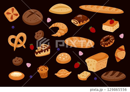 Bakery dessert. Sweets, pastry cartoon isolated elements. Sticker cookie, different bread, cupcake, traditional pie, cake slice. Cute cafe food background. Menu design hand drawn. Vector tidy icon set Bakery dessert. Sweets, pastry cartoon isolated elements. Sticker cookie, different bread, cupcake, traditional pie, cake slice. Cute cafe food background. Menu design hand drawn. Vector tidy icon set 129865556