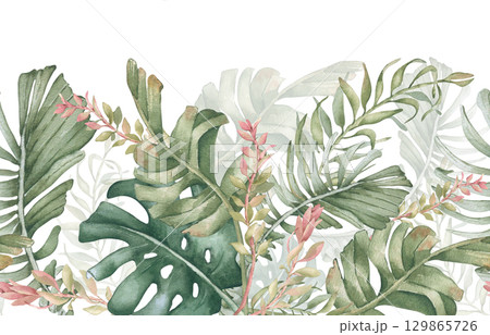 Hawaiian Foliage watercolor seamless edge isolated white. Soft tropical leaves and pink branches on repeated design. Palm horizontal endless background for packaging borders, wallpaper, textile. 129865726