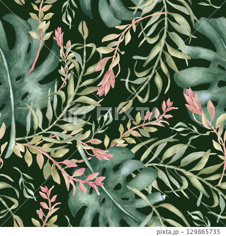 Tropical botanical seamless print isolated on black. Lush monstera and areca palm leaves in green and pink watercolor hand painted. Jungle foliage repeated pattern for swimwear, textile beach design. 129865735