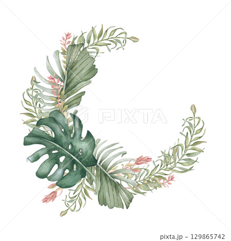 Tropical Watercolor circle frame with monstera and palm leaves in soft pink and green isolated on white. Lush botanical wreath of exotic plants hand drawn. Frame for wedding invitations Hawaii style. Tropical Watercolor circle frame with monstera and palm leaves in soft pink and green isolated on white. Lush botanical wreath of exotic plants hand drawn. Frame for wedding invitations Hawaii style. 129865742