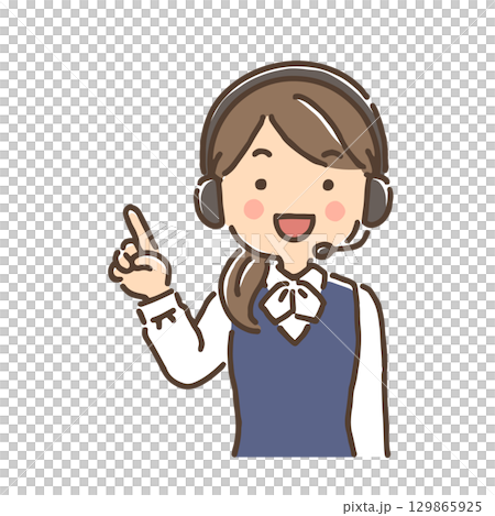 A female operator wearing a headset and explaining with a smile 129865925