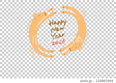 円を描いて走る2匹のかわいい馬の年賀状テンプレート　2026 横　円形 129865944