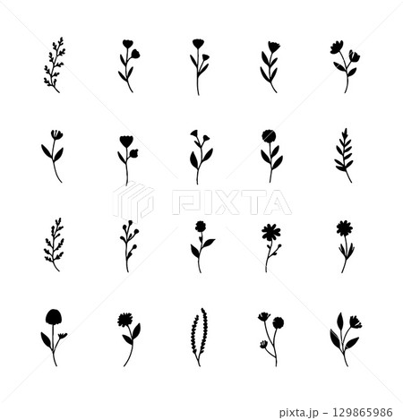 Whimsical Mini Flowers. A lively group of varied small flower icons with playful shapes and organic balance, ideal for fun and casual designs. Whimsical Mini Flowers. A lively group of varied small flower icons with playful shapes and organic balance, ideal for fun and casual designs. 129865986