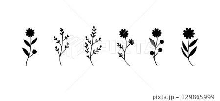 Simplified Botanical Sprigs. Simplified floral sprigs with oval petals and minimal hand-drawn elegance in black and white. Simplified Botanical Sprigs. Simplified floral sprigs with oval petals and minimal hand-drawn elegance in black and white. 129865999