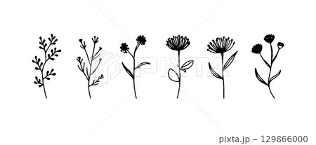 Whimsical Mini Flowers. A lively group of varied small flower icons with playful shapes and organic balance, ideal for fun and casual designs. 129866000