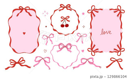 Set of frames made of ribbons and bows in pink...のイラスト素材 [129866104 ...