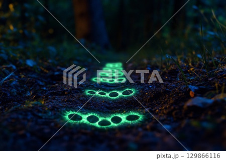 Cat explores glowing tracks in a mysterious forest at night revealing fantasy and intrigue 129866116